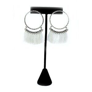 Silver Hoop Fringe Earrings – Boho Statement Circle Tassel Dangle White Fringe